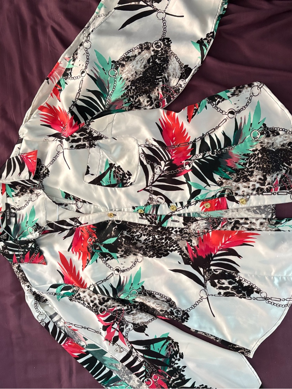 XOXO White Satin Tropical Tailored Print Button-Down Shirt with Red & Teal Accen